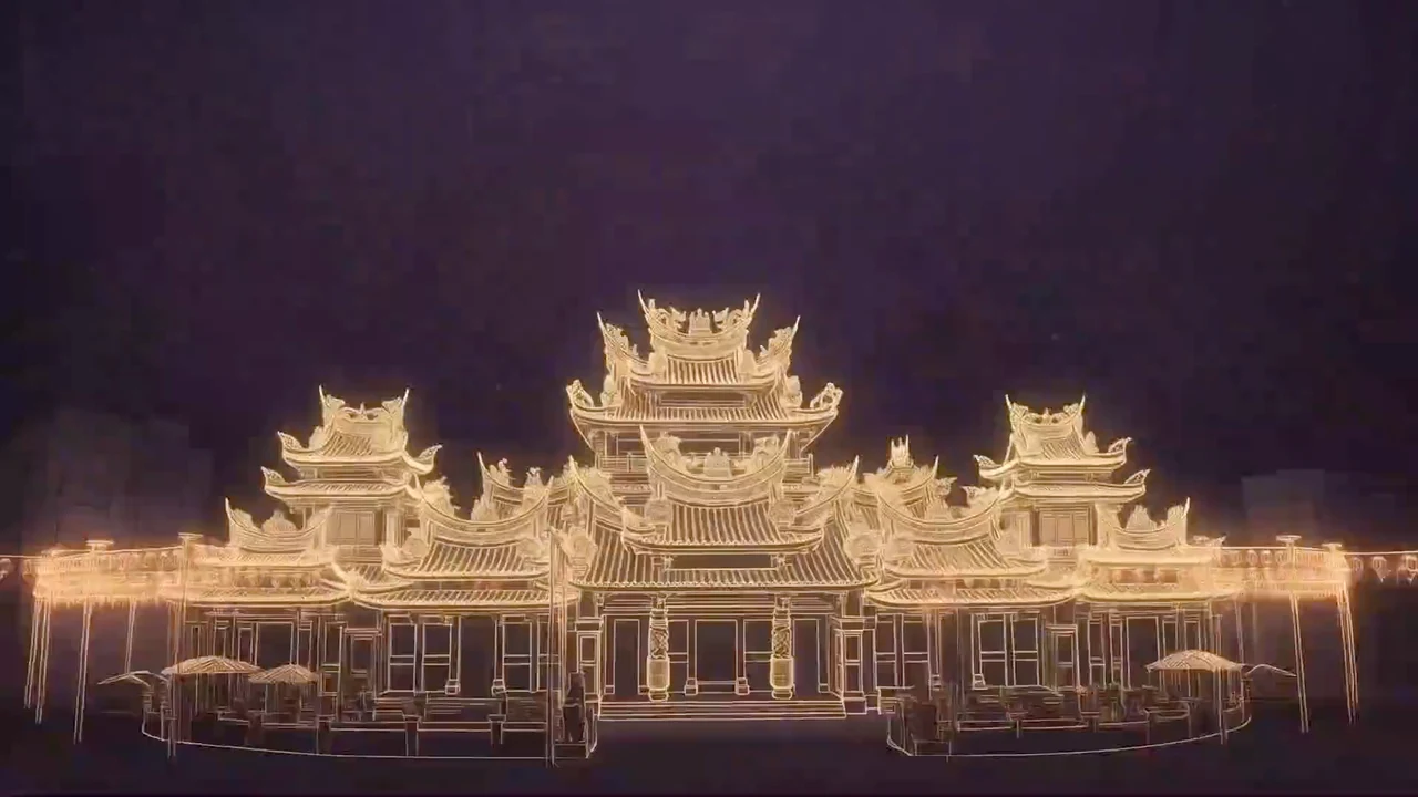 金色建築線稿的動畫場景
