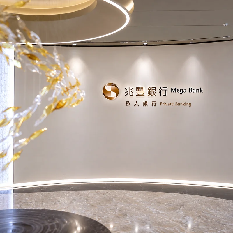 兆豐銀行私人銀行大廳，弧形牆面呈現Mega Bank與Private Banking品牌標誌，搭配金色裝飾與環形燈光