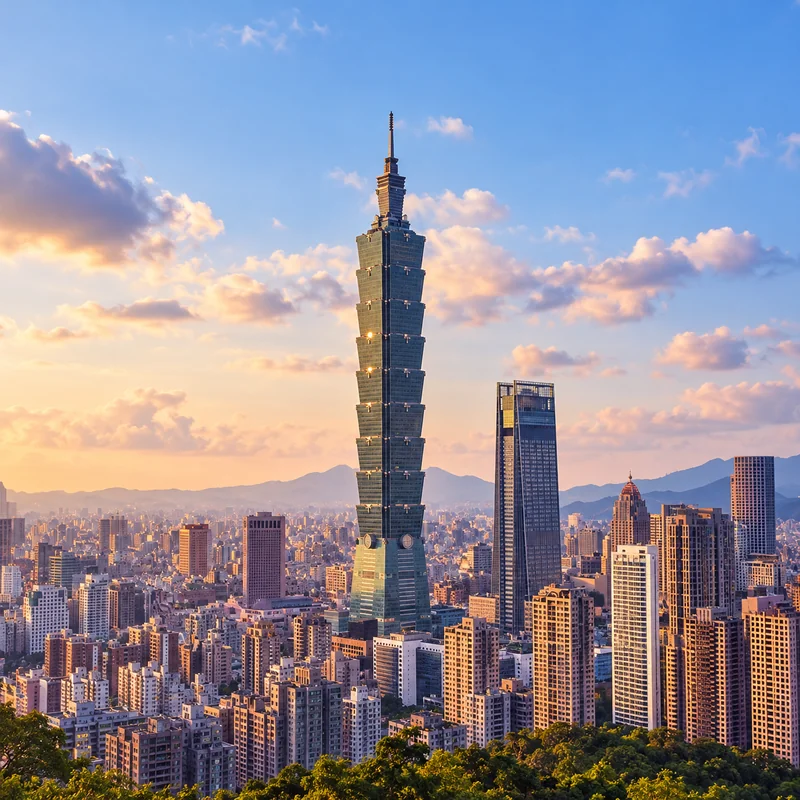 金色夕照下的台北天際線，台北101矗立於城市建築群中央，遠方山巒與晚霞映襯藍天