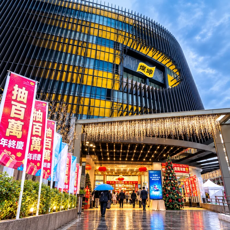燦坤門市入口與黃黑色建築外觀，年終慶旗幟、燈飾與聖誕樹映照雨後地面，來賓撐傘入場