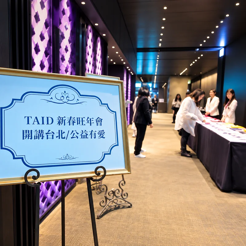 TAID新春旺年會入口指示牌與報到接待區，來賓於紫色燈光走廊旁辦理報到
