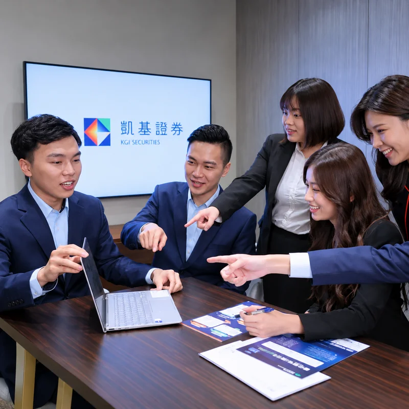 凱基證券團隊在會議桌旁共同討論筆記型電腦與資料，背景螢幕顯示KGI SECURITIES品牌標誌