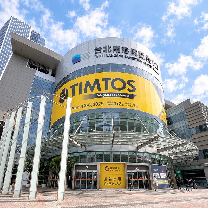 台北南港展覽館一館入口全景，建築外牆懸掛TIMTOS 2025黃色展覽主視覺，背景為藍天白雲