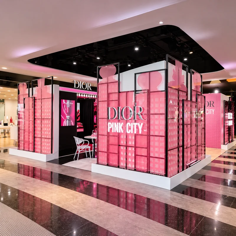 DIOR PINK CITY粉紅城市快閃展亭，粉紅透光展示牆搭配黑色框架與DIOR品牌招牌
