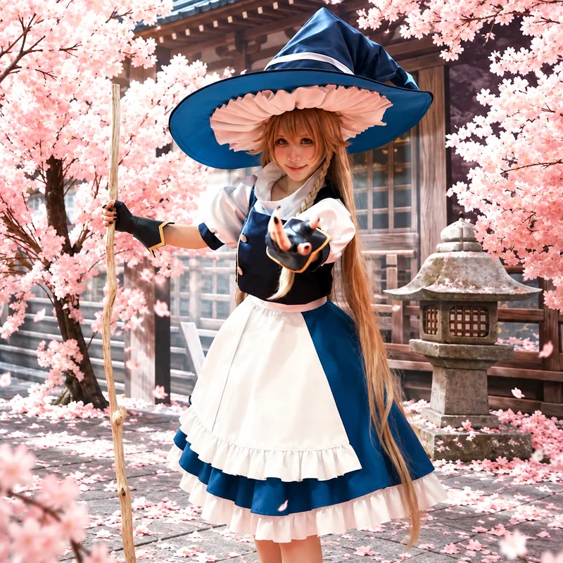 戴藍色寬邊魔法帽、穿藍白服裝的人物手持木杖，站在櫻花與木造古寺前伸手擺姿